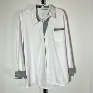Van Shibuya White Button Up Shirt Gingham Checkered Trim, See Measurements